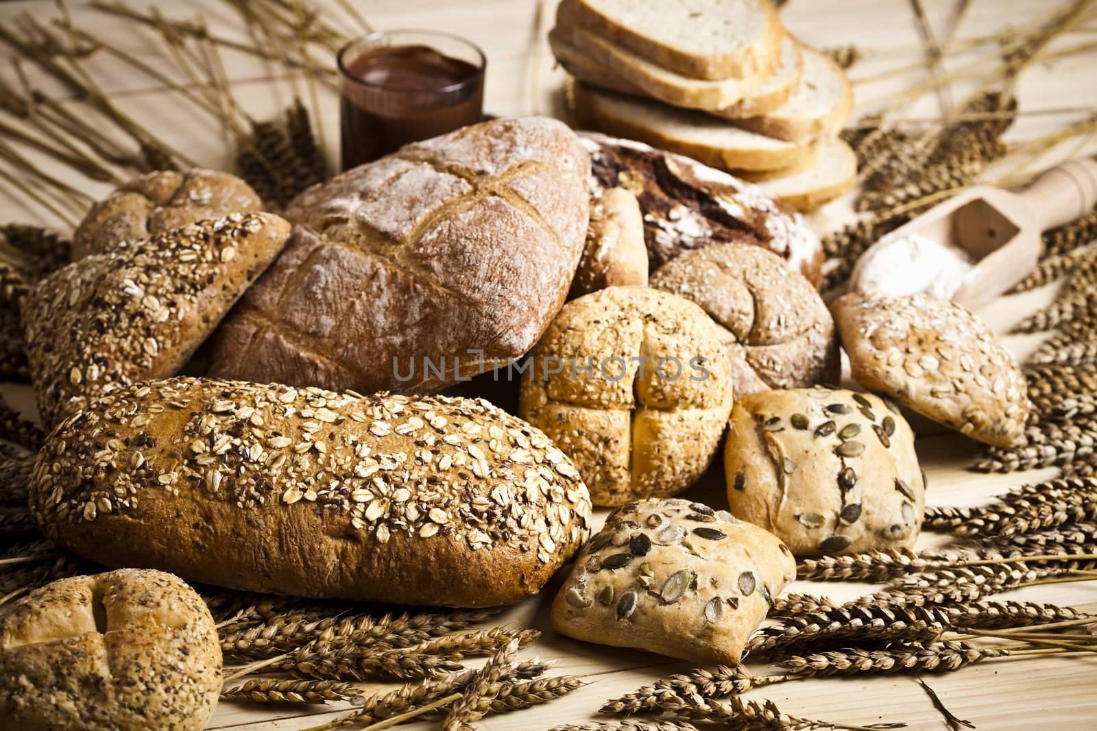 Still-life assortment of baked bread.