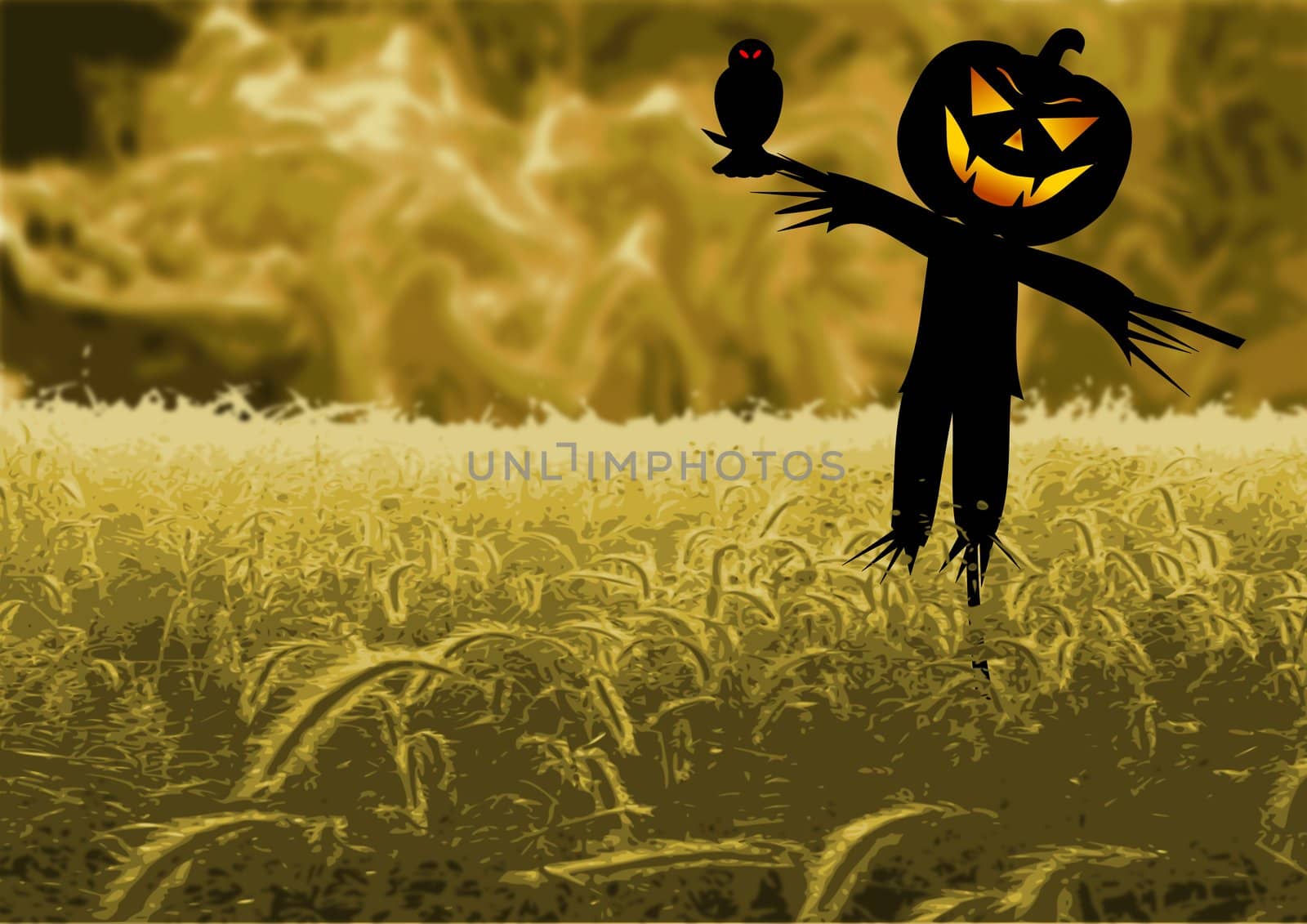 Illustration of a scare crow in a field with violent clouds in the background.