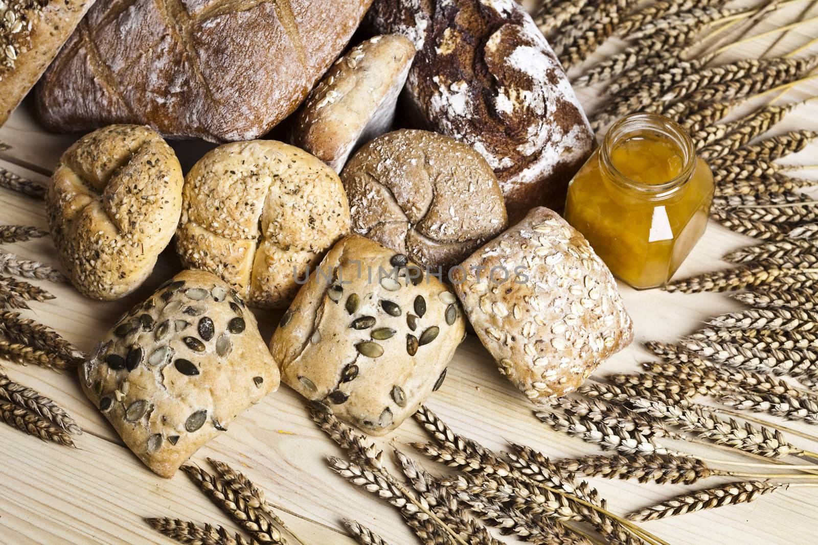 Still-life assortment of baked bread.