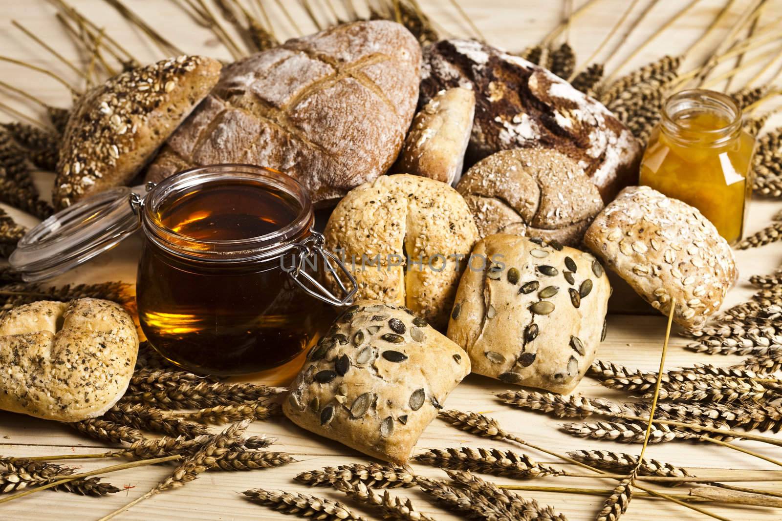 Still-life assortment of baked bread.