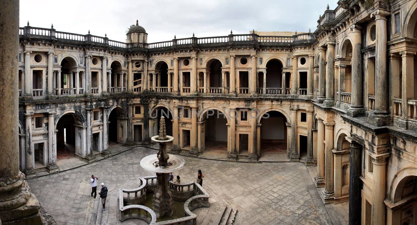 View of the main central square of the inside of the Convent of Christ on Tomar, Portugal.