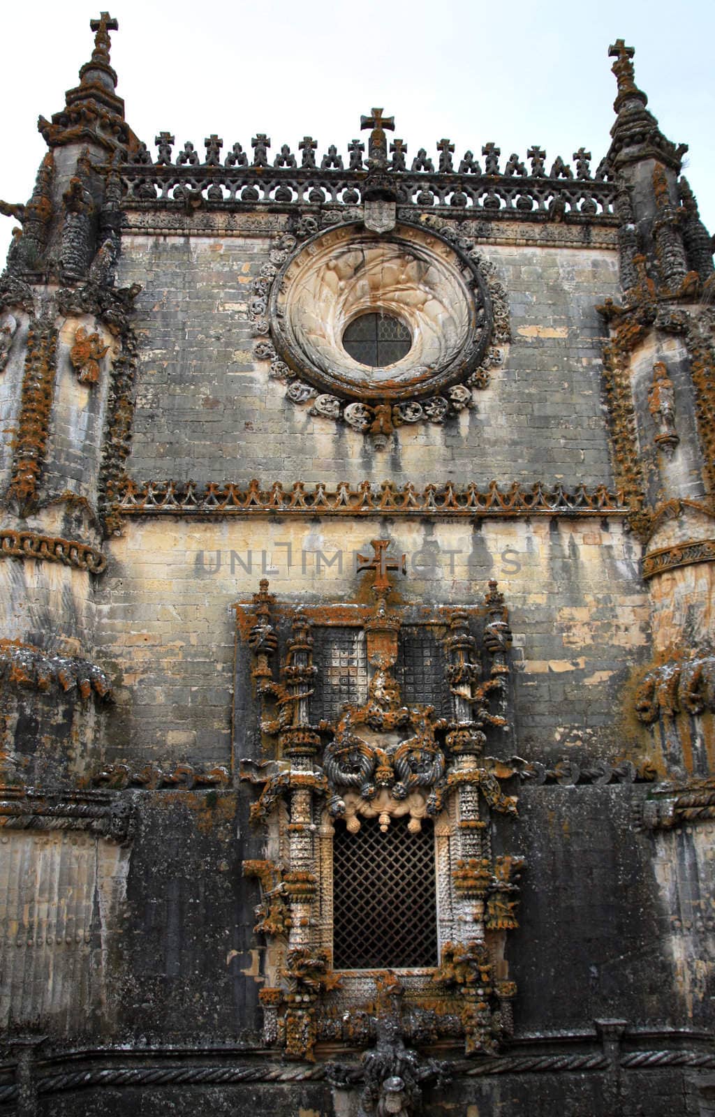 Central section of the beautiful landmark monument called Convent of Christ in Tomar, Portugal.