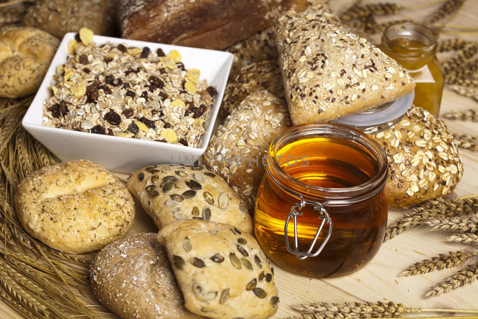 Still-life assortment of baked bread.