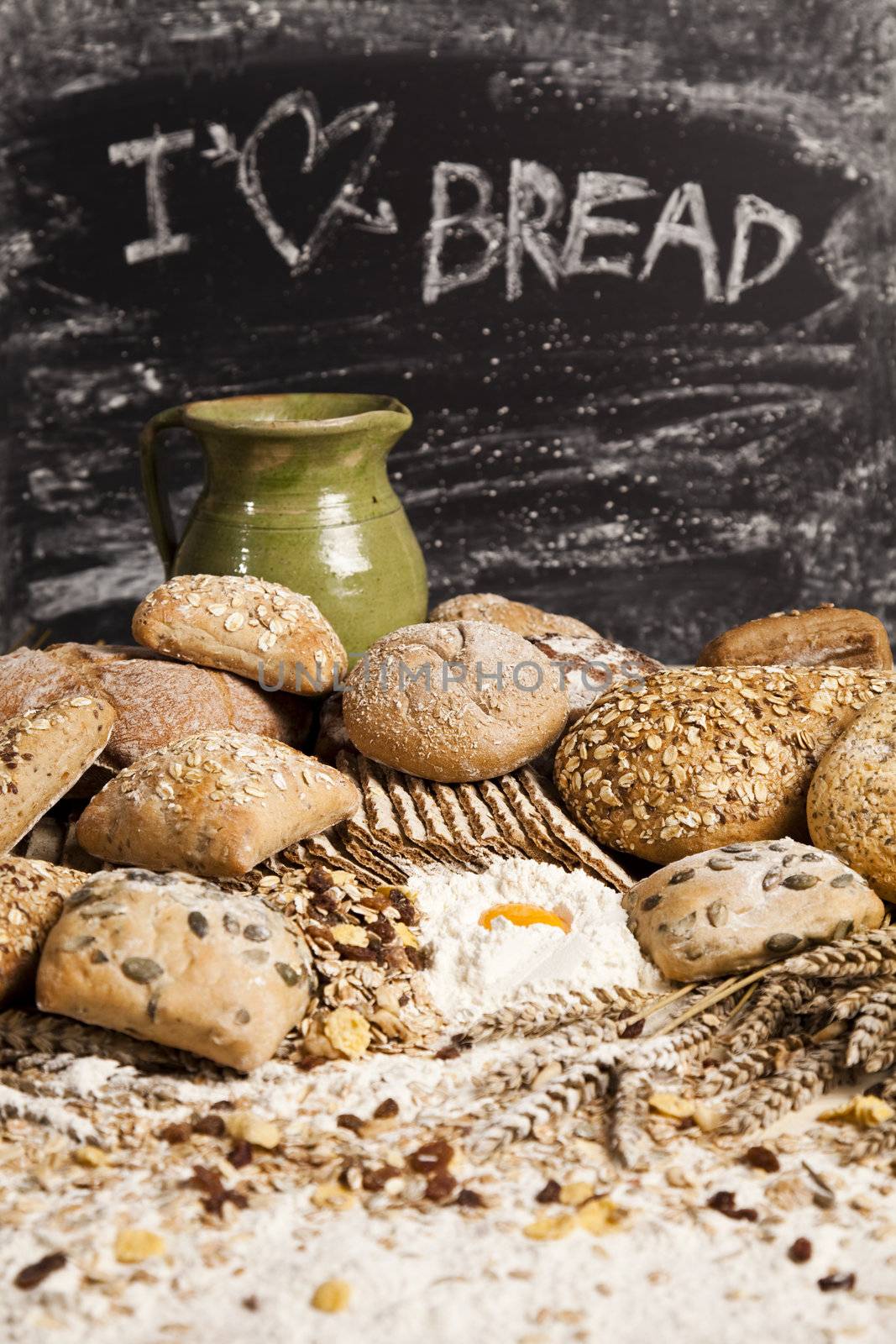 Still-life assortment of baked bread.