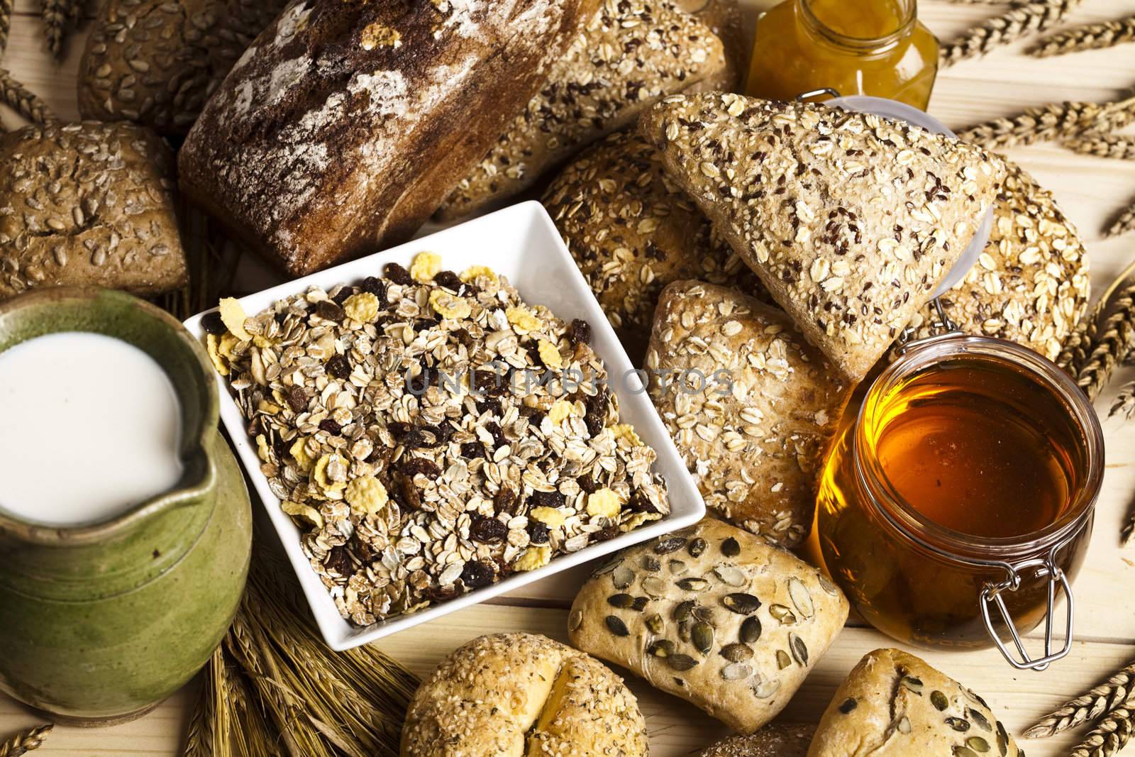 Still-life assortment of baked bread.