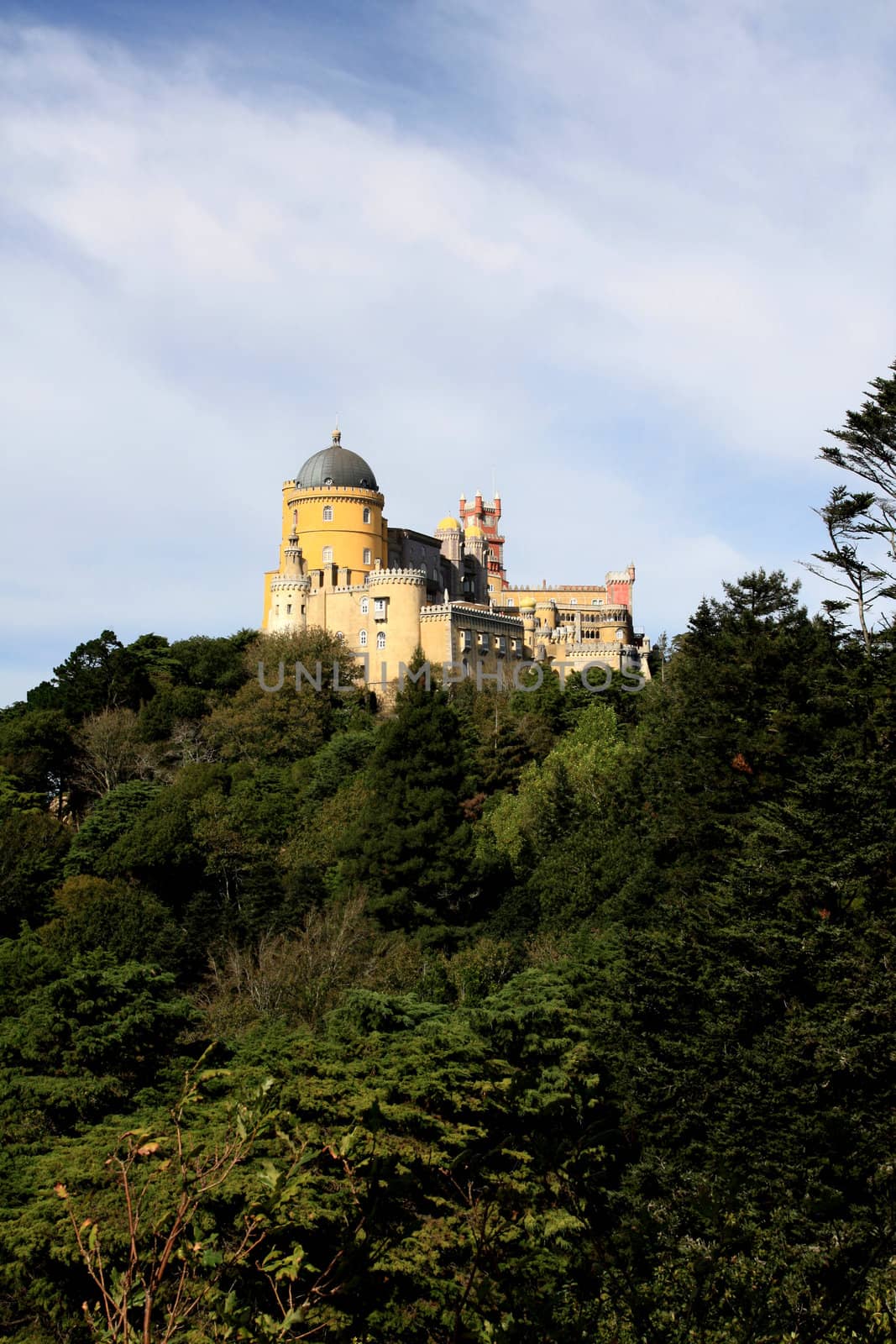 Hill view of the beautiful Pena Palace located on the Sintra National Park on Lisbon, Portugal.