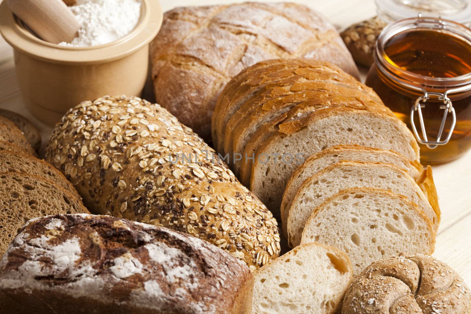 Still-life assortment of baked bread.