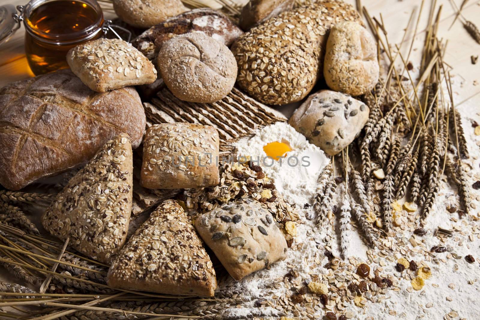 Still-life assortment of baked bread.