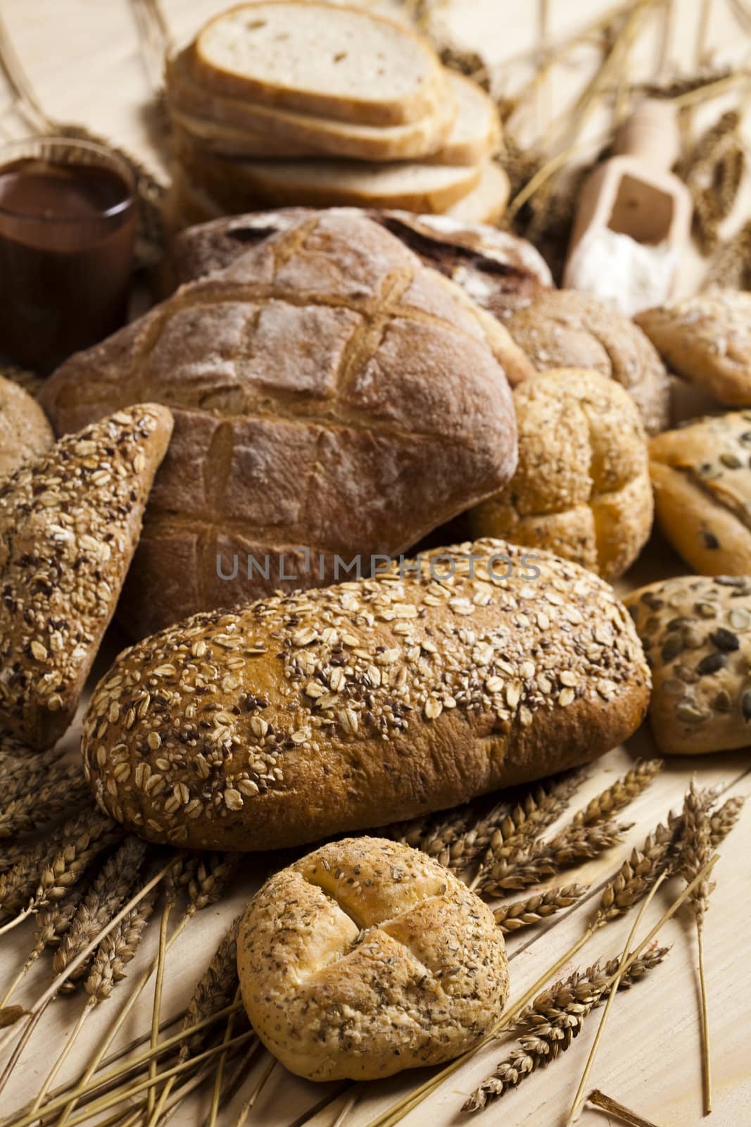 Still-life assortment of baked bread.