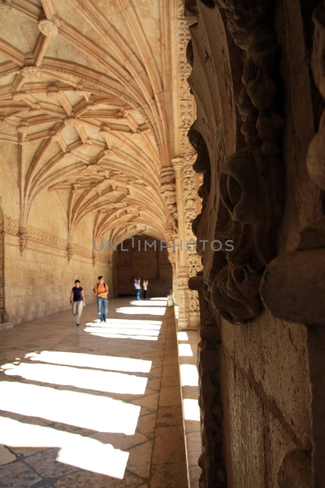 Interior view of the landmark Monastery of Jeronimos in Lisbon, Portugal.