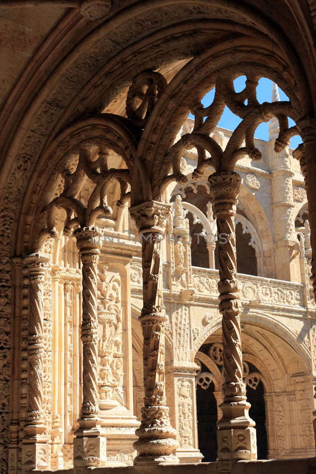 Interior view of the landmark Monastery of Jeronimos in Lisbon, Portugal.