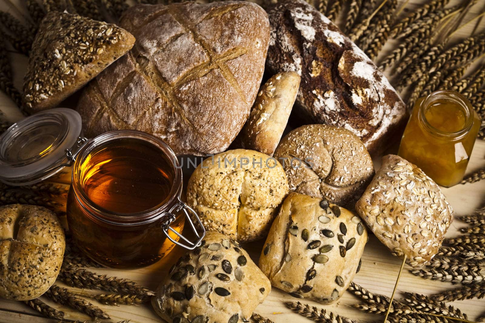 Still-life assortment of baked bread.