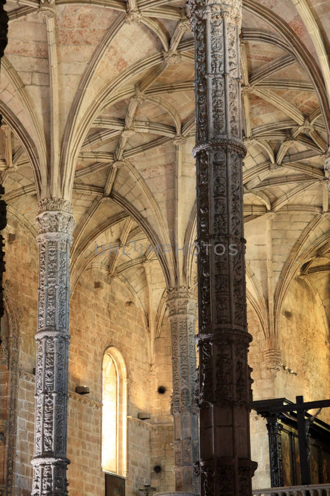 Interior view of the landmark Monastery of Jeronimos in Lisbon, Portugal.