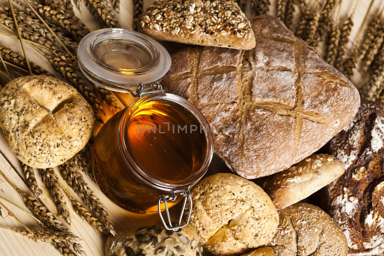 Still-life assortment of baked bread.