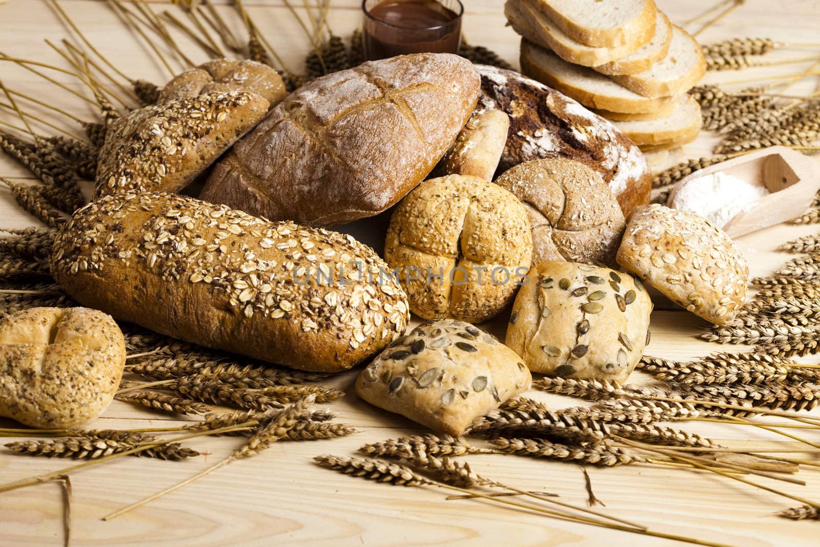 Still-life assortment of baked bread.