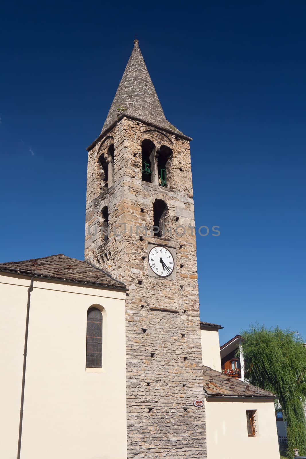 church with roman tower in Pre Saint Didier, Aosta Valley, Italy