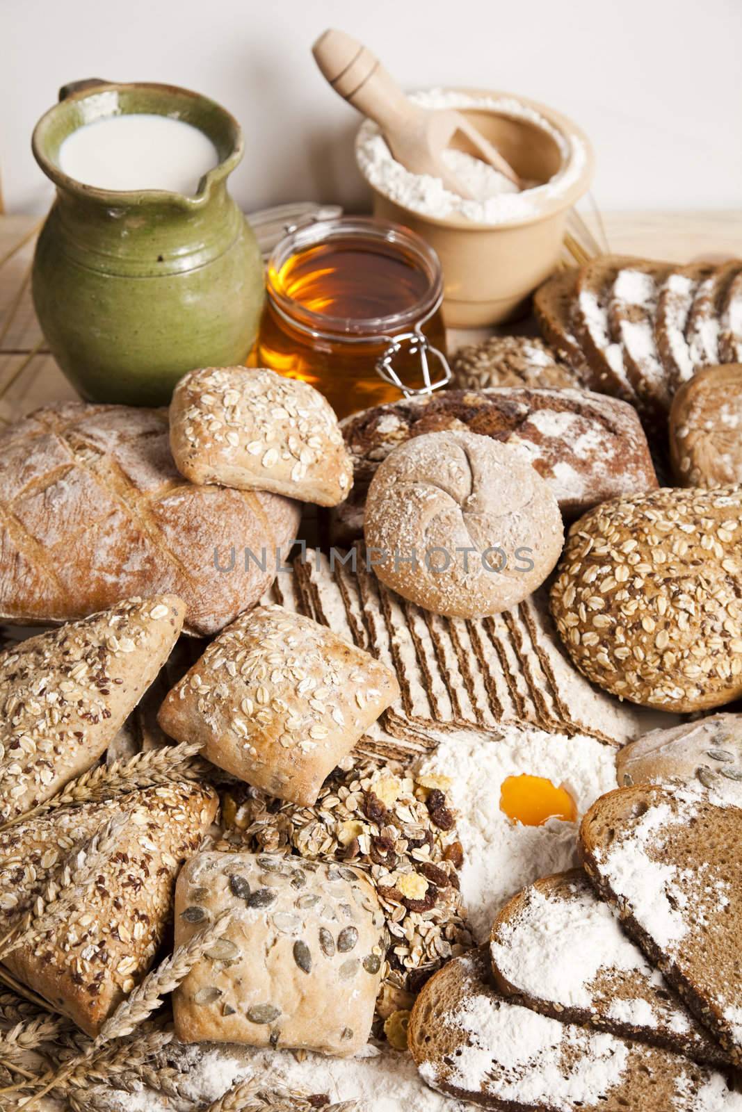 Still-life assortment of baked bread.