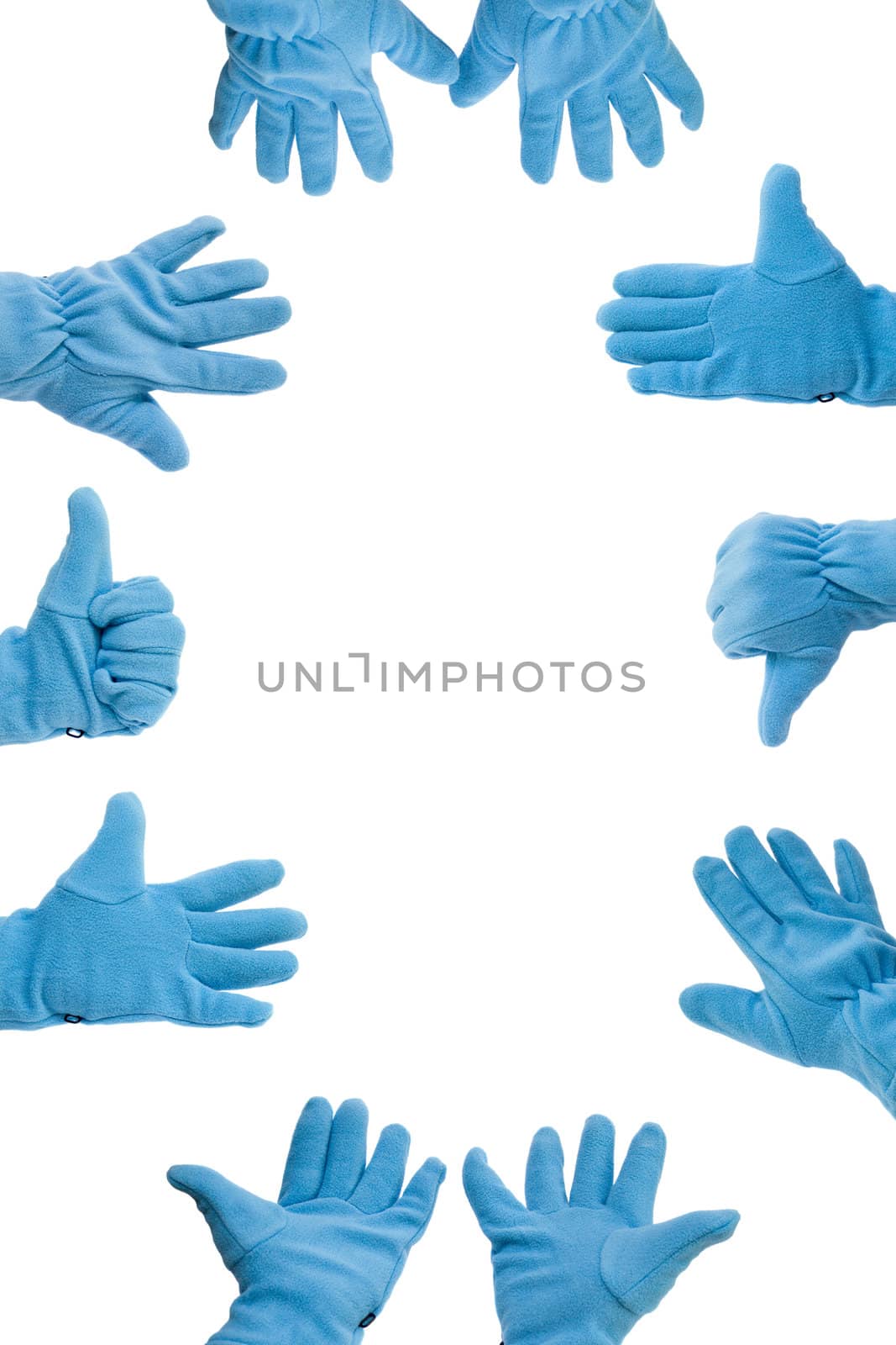 Frame of blue warm winter gloves, isolated on white