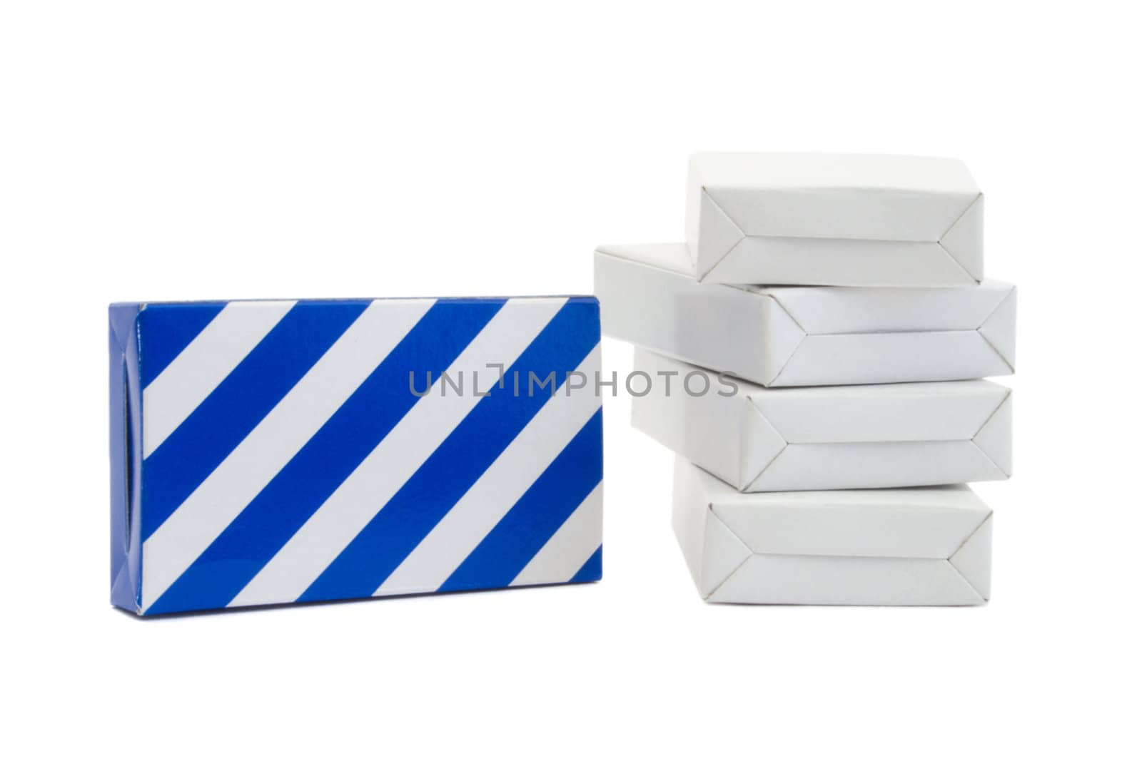 Blue striped and white carton boxes isolated on white background
