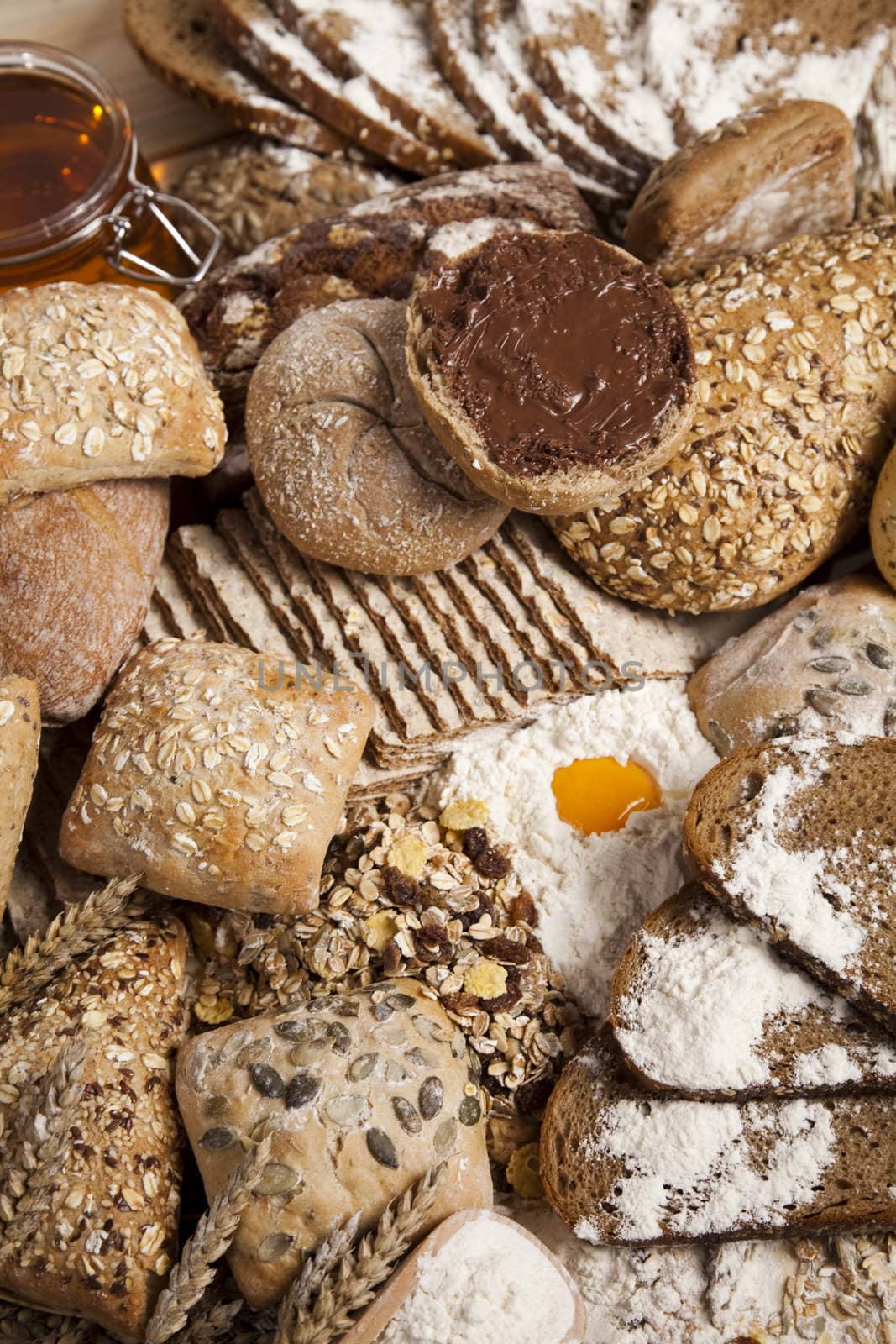 Still-life assortment of baked bread.