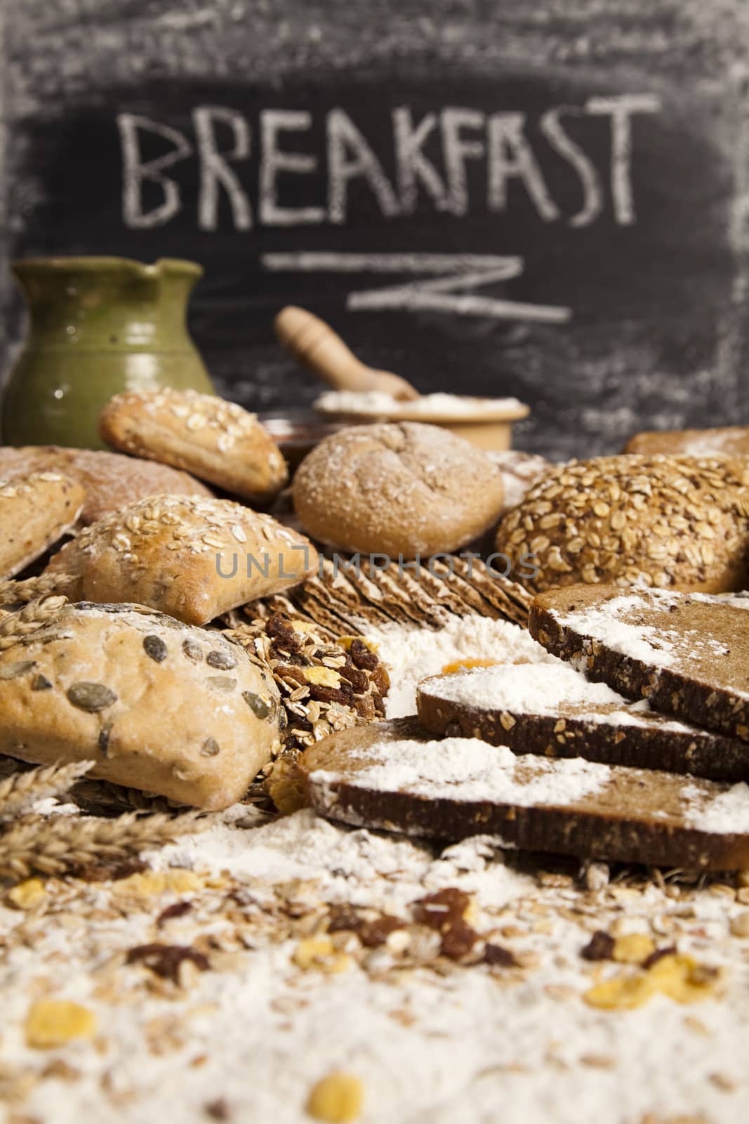 Still-life assortment of baked bread.