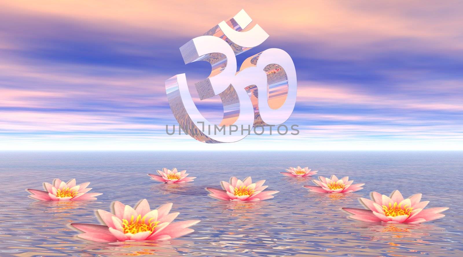 Metallic aum - om upon quiet ocean and several beautiful pink lotus flowers by sunset with pink clouds