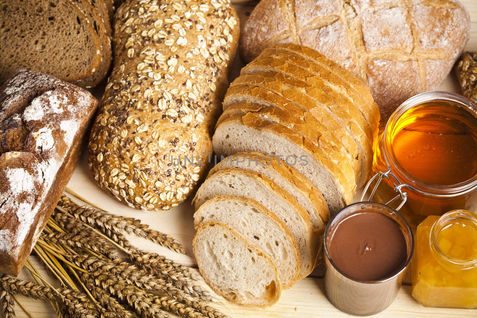 Still-life assortment of baked bread.