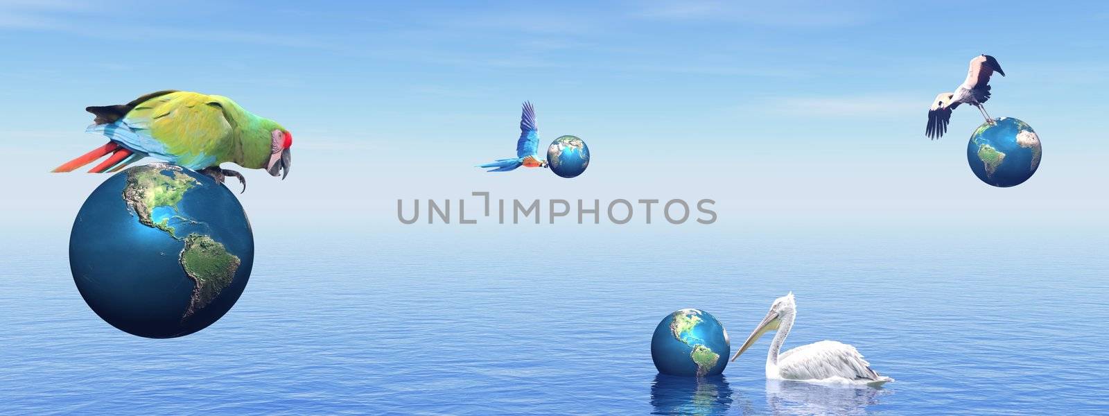 Several exotic birds flying upon the ocean and playig with planets earth
