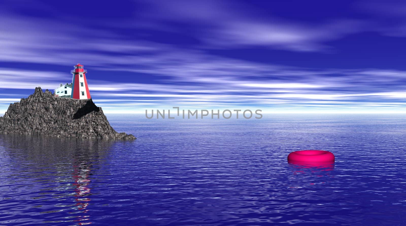 White and red small lighthouse next to a house and on a grey rock facing a deep blue sea with a red buoy by night