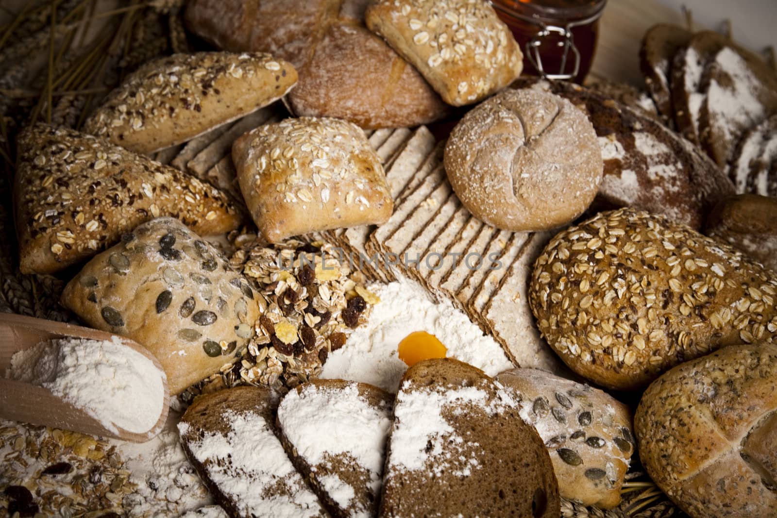 Still-life assortment of baked bread.