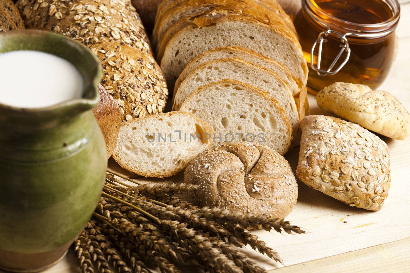 Still-life assortment of baked bread.