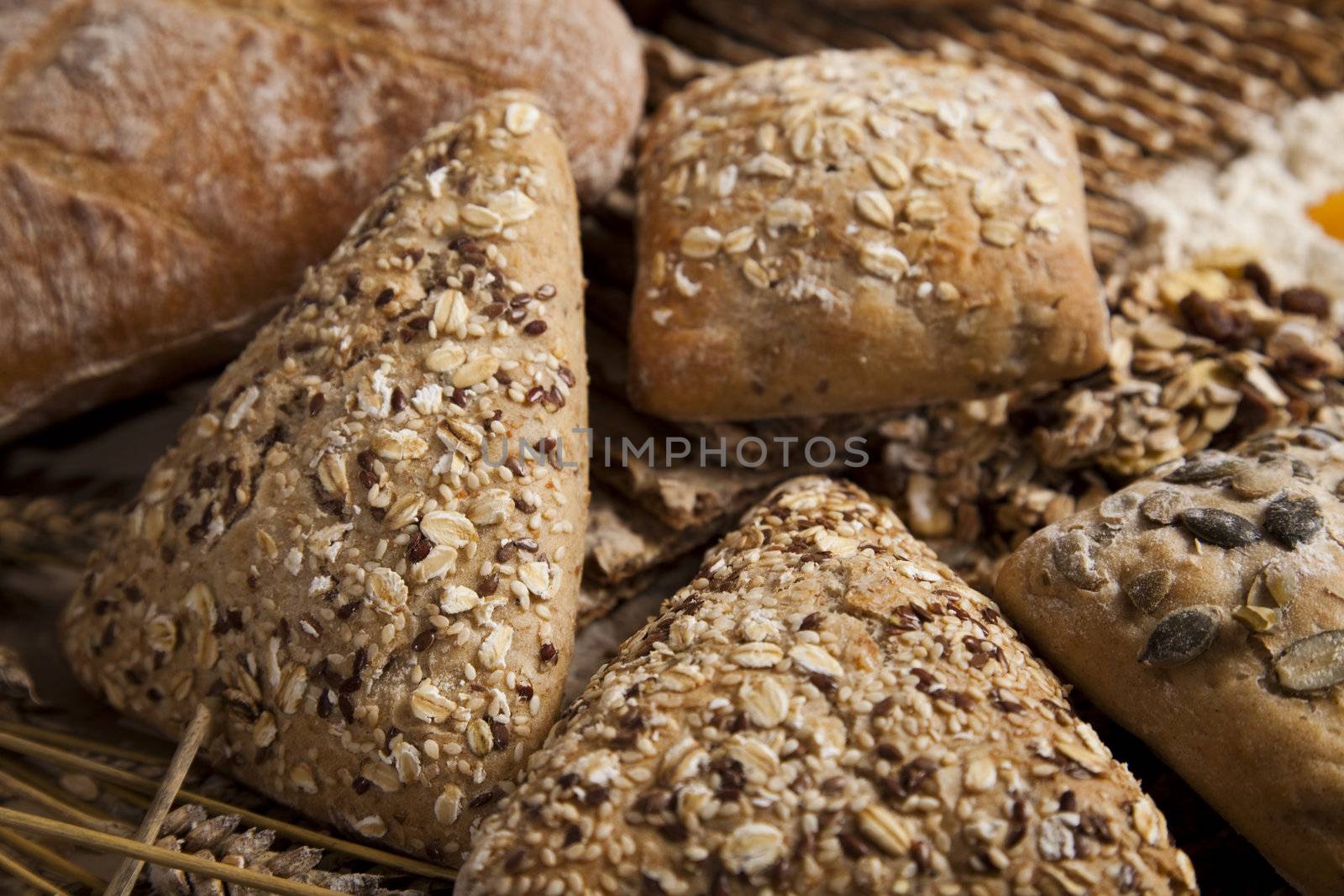Still-life assortment of baked bread.