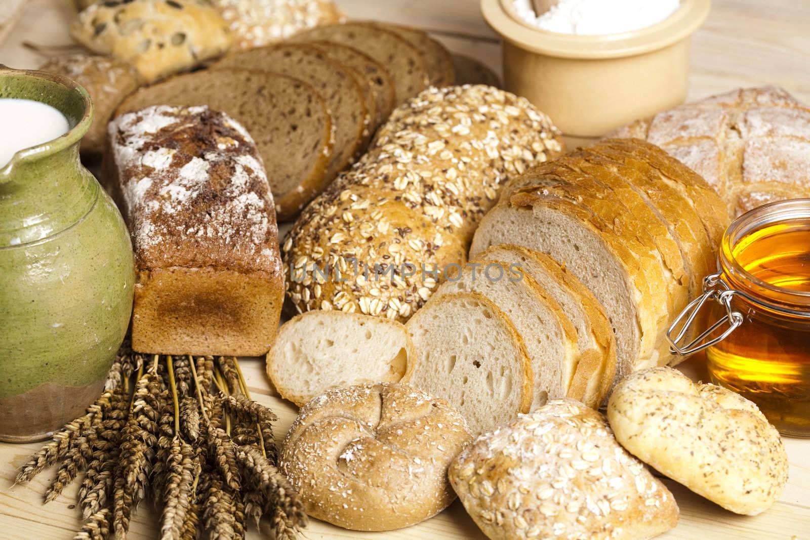 Still-life assortment of baked bread.