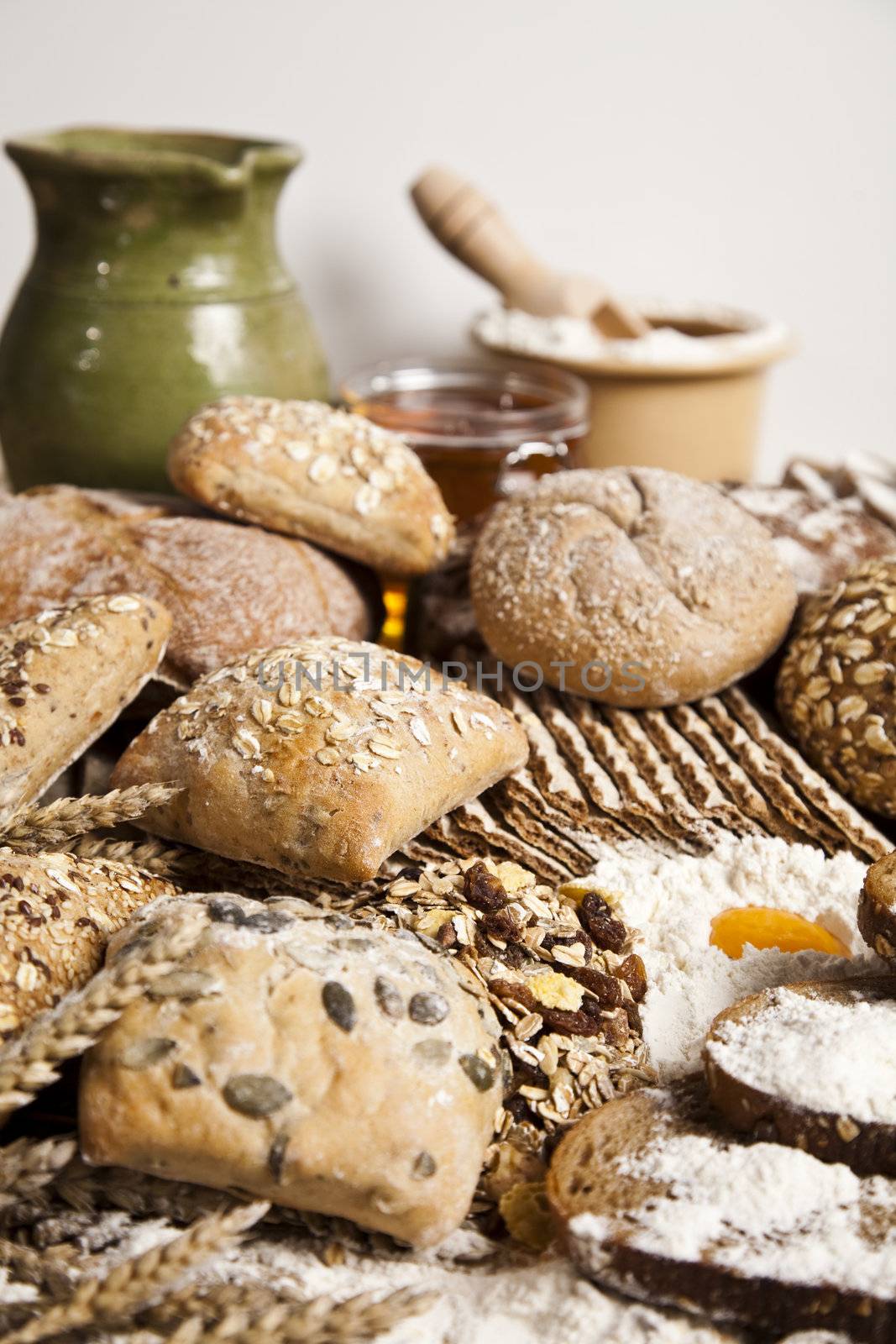 Still-life assortment of baked bread.