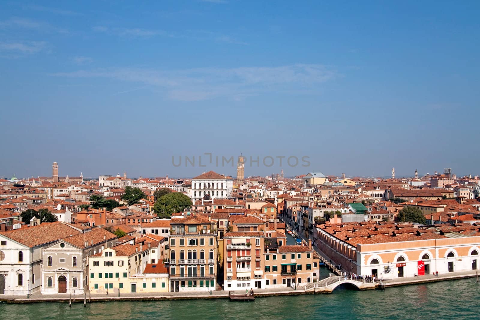 A cityscape view of Venice, Italy from high above the water.