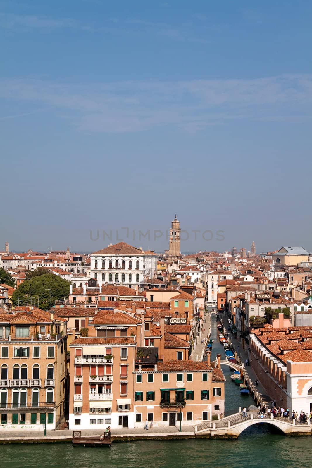 A cityscape view of Venice, Italy from high above the water.
