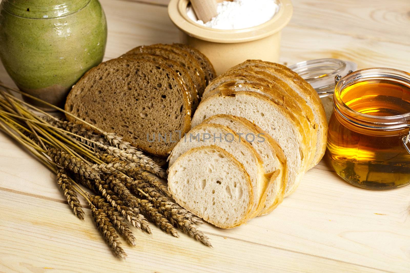 Still-life assortment of baked bread.
