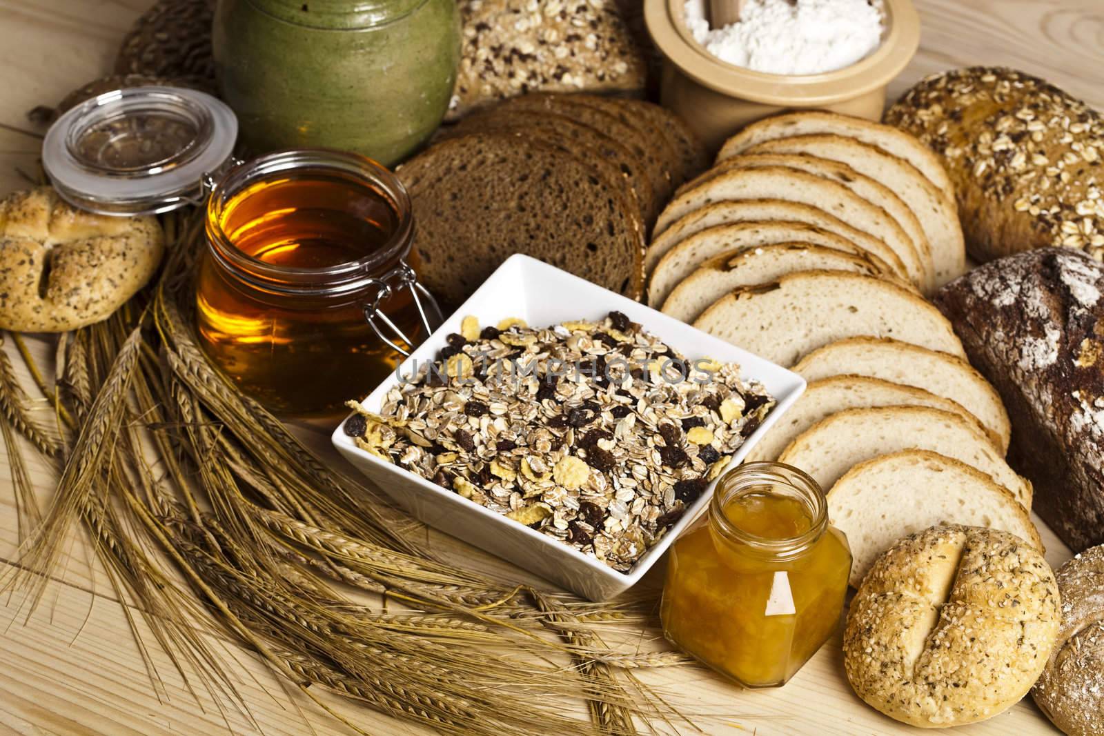 Still-life assortment of baked bread.