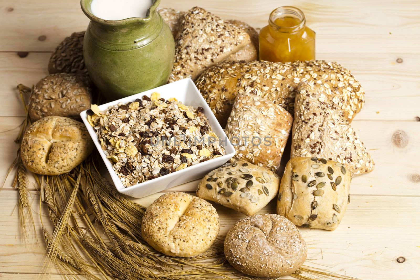 Still-life assortment of baked bread.