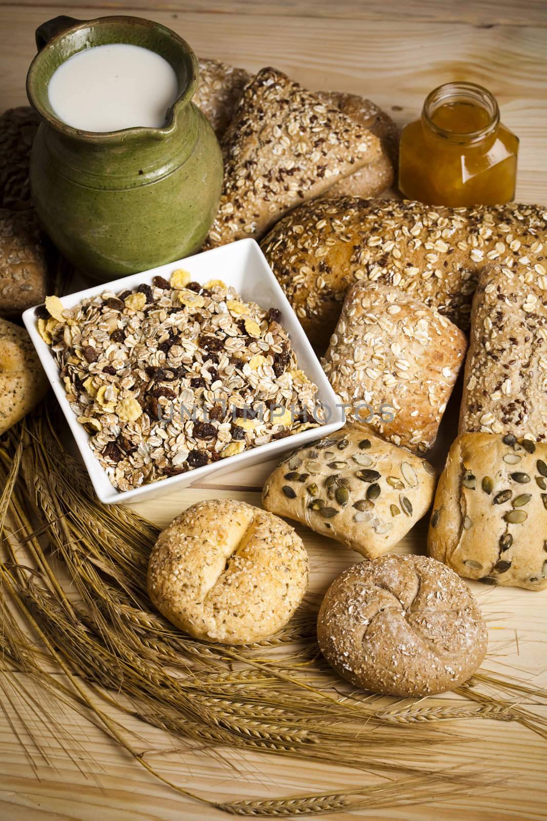 Still-life assortment of baked bread.