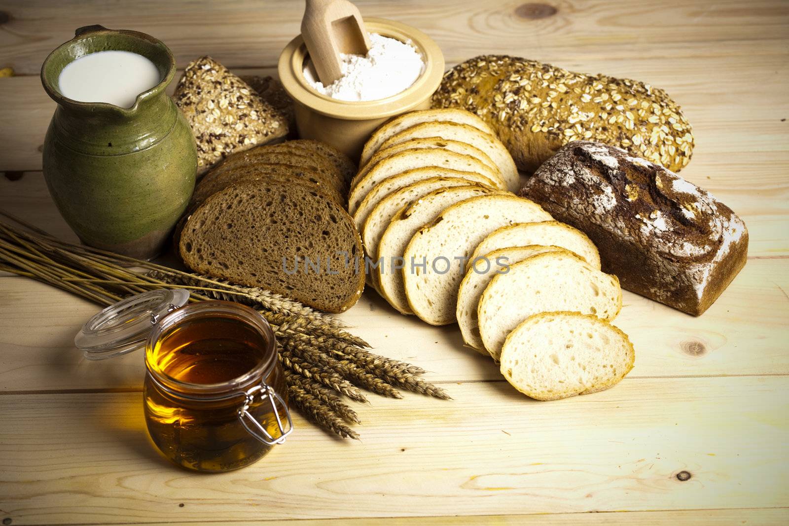 Still-life assortment of baked bread.