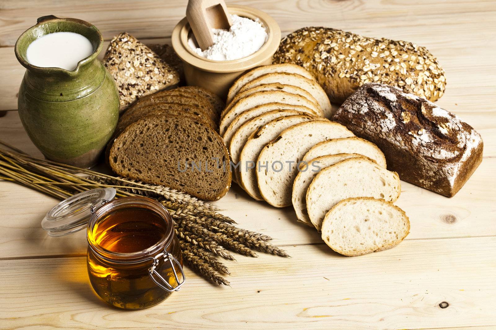 Still-life assortment of baked bread.