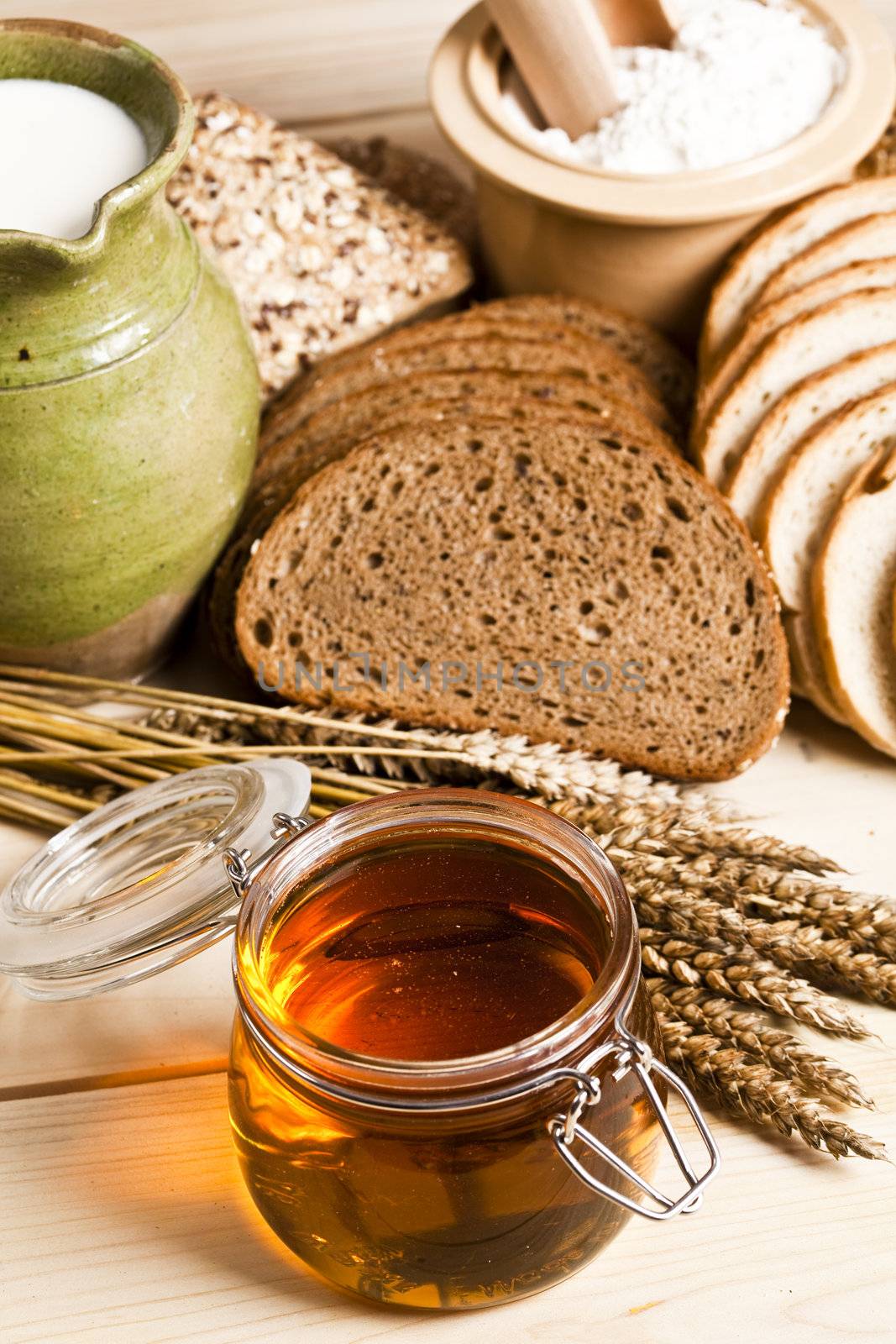 Still-life assortment of baked bread.