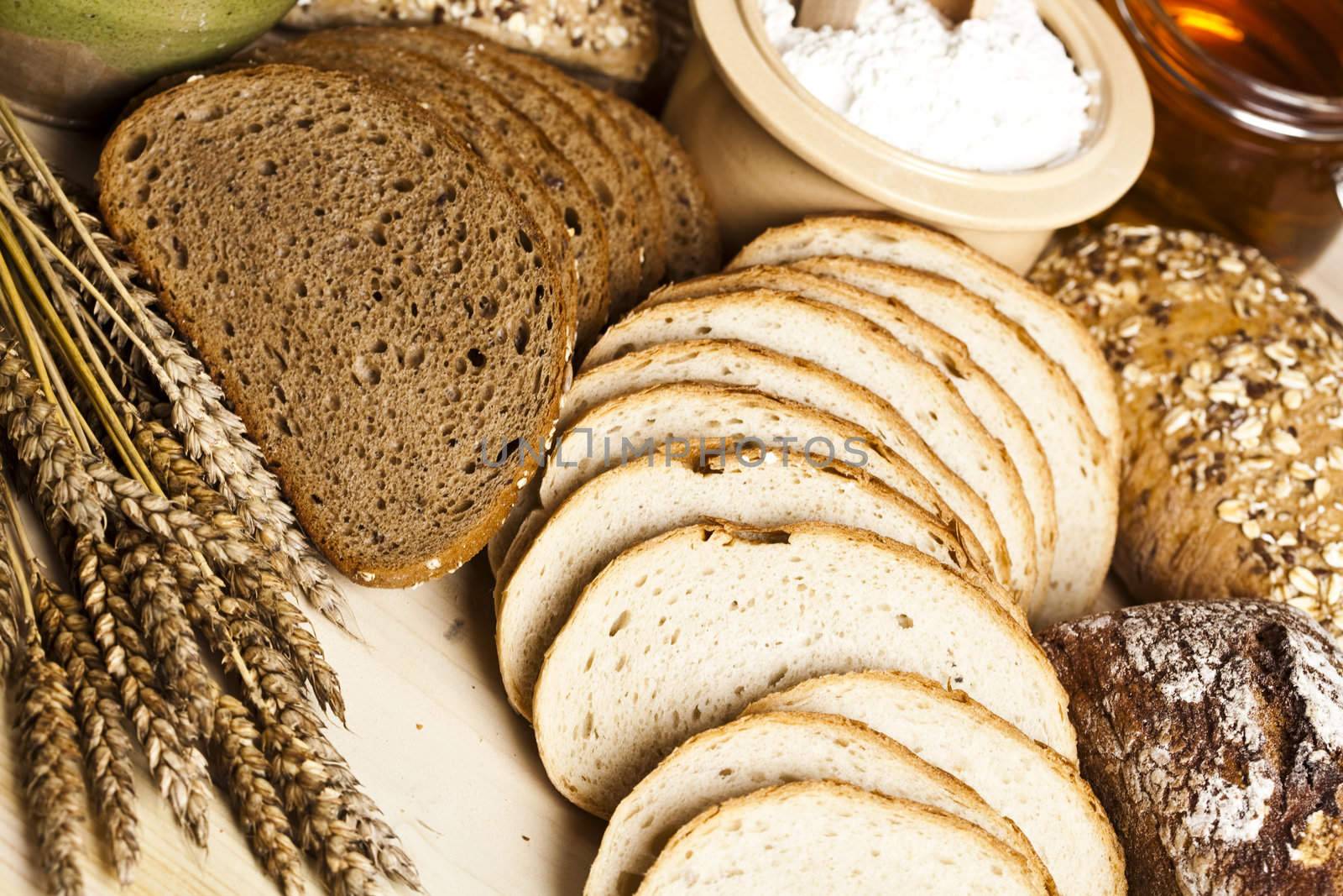 Still-life assortment of baked bread.