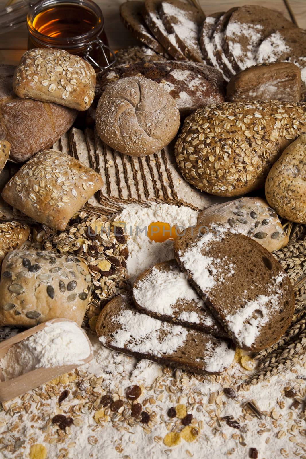 Still-life assortment of baked bread.