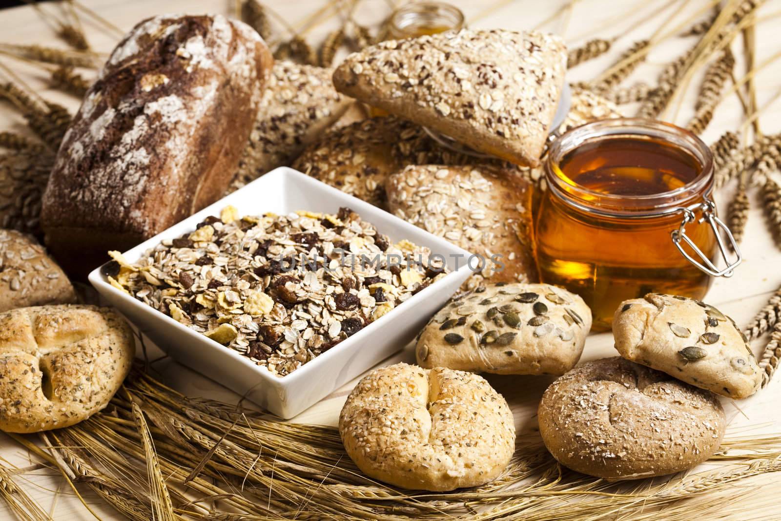 Still-life assortment of baked bread.