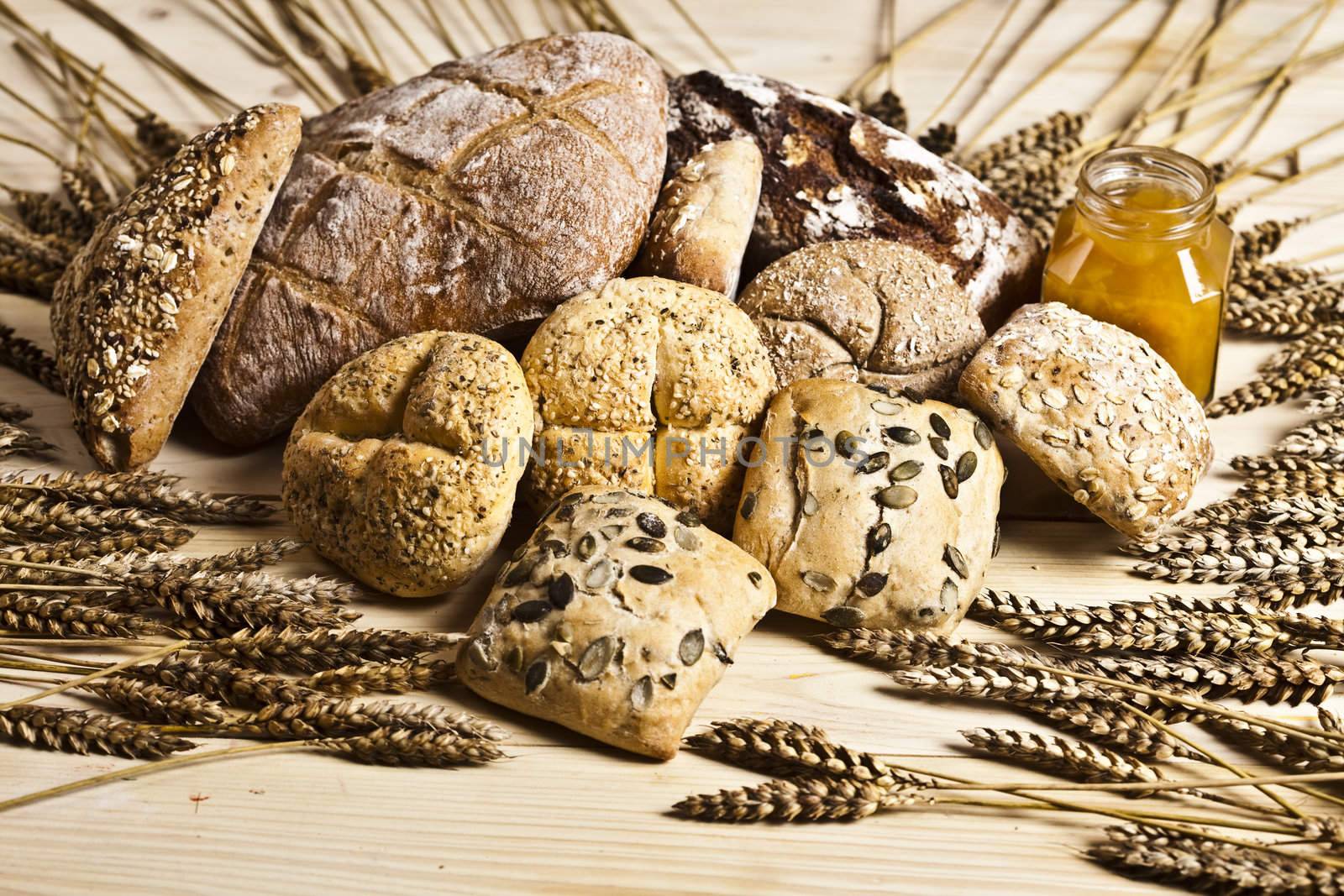 Still-life assortment of baked bread.