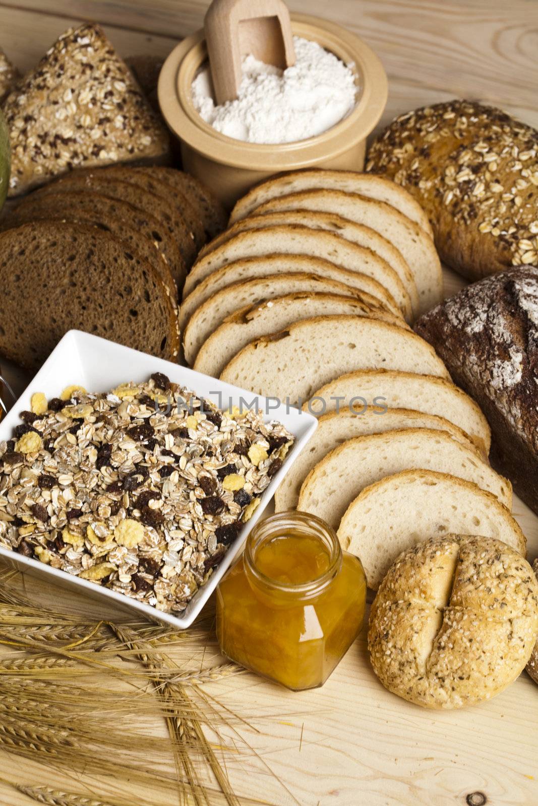 Still-life assortment of baked bread.