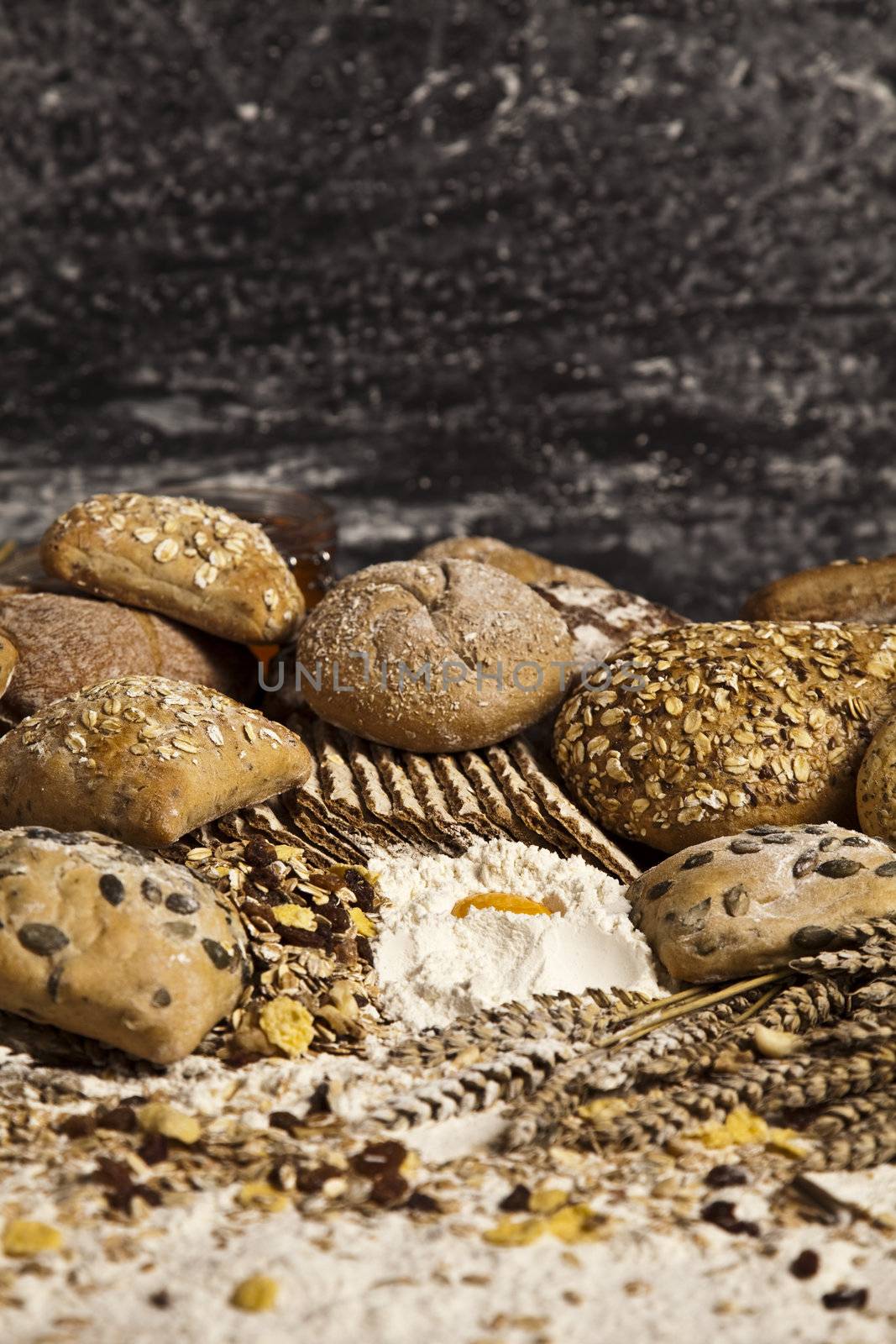 Still-life assortment of baked bread.