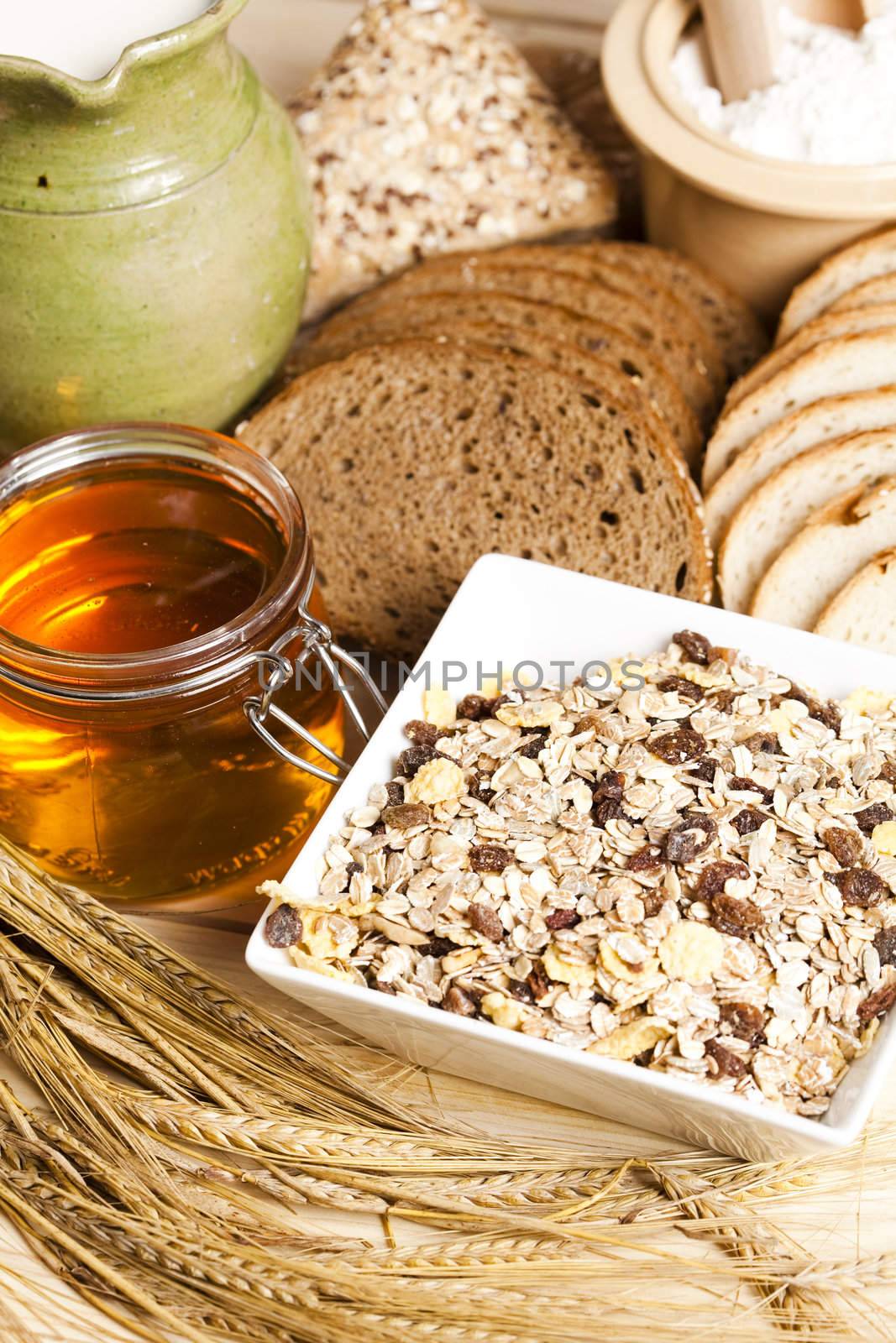 Still-life assortment of baked bread.